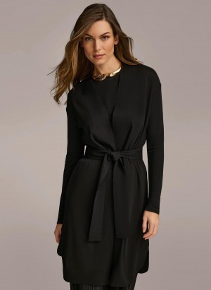 Black Donna Karan Tie Waist Cardigan Sweaters and Tops | ZA_DK13997