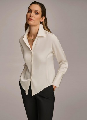 Cream Donna Karan Collared Button Down Blouse Sweaters and Tops | ZA_DK96872