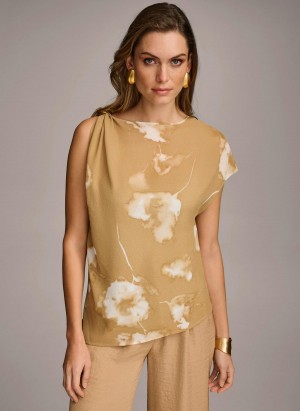 Gold Cream Donna Karan Printed Gathered Hardware Shoulder Sweaters and Tops | ZA_DK15417