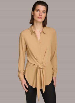 Gold Donna Karan Long Sleeve High-low With Tie At Waist Sweaters and Tops | ZA_DK17774