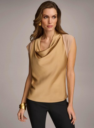 Gold Donna Karan Sleeveless Cowl Neck Sweaters and Tops | ZA_DK48442