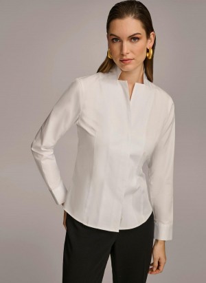 White Donna Karan Cotton Notch Collar Button Down Sweaters and Tops | ZA_DK41946