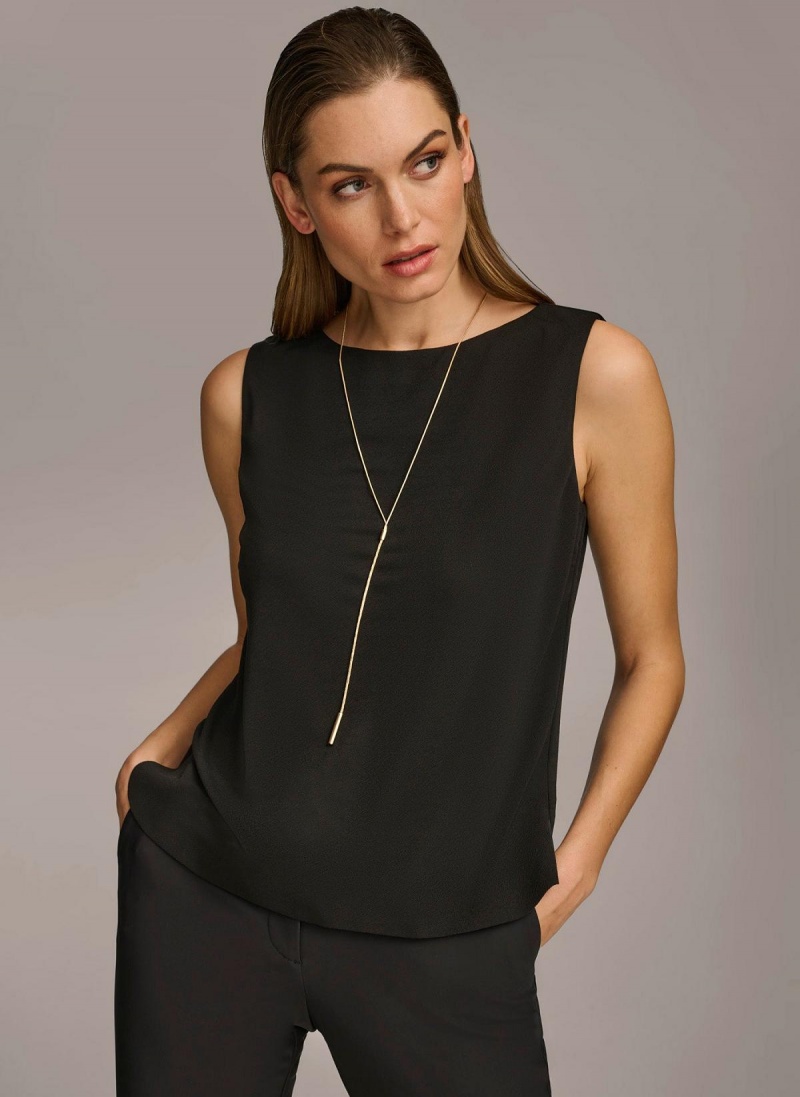 Black Donna Karan Crew Neck Layering Knit Sweaters and Tops | ZA_DK38271