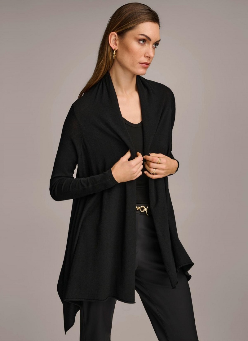 Black Donna Karan Long Sleeve Drape Cardigan Sweaters and Tops | ZA_DK94476