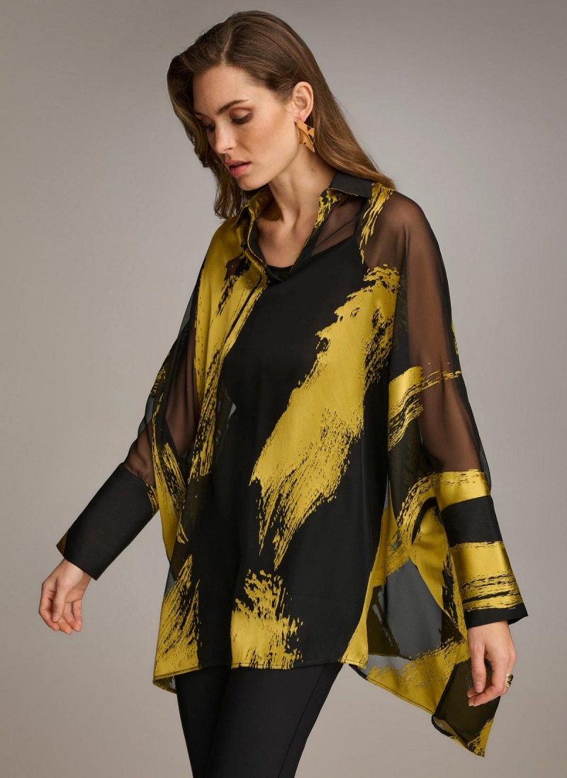 Black Donna Karan Print Collared Tunic Sweaters and Tops | ZA_DK46652