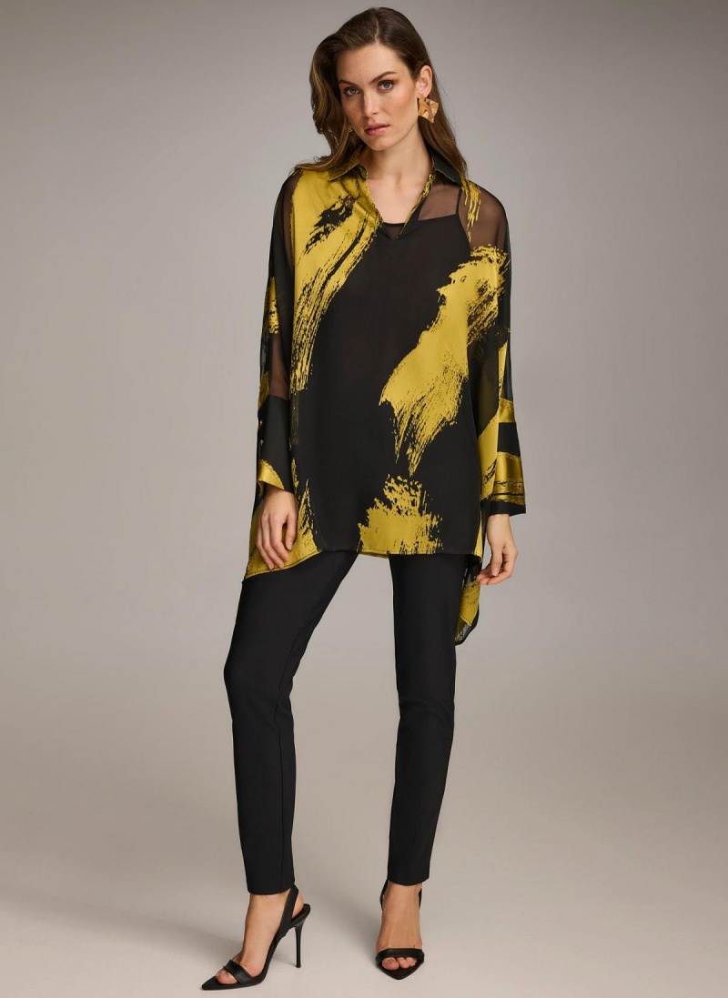 Black Donna Karan Print Collared Tunic Sweaters and Tops | ZA_DK46652