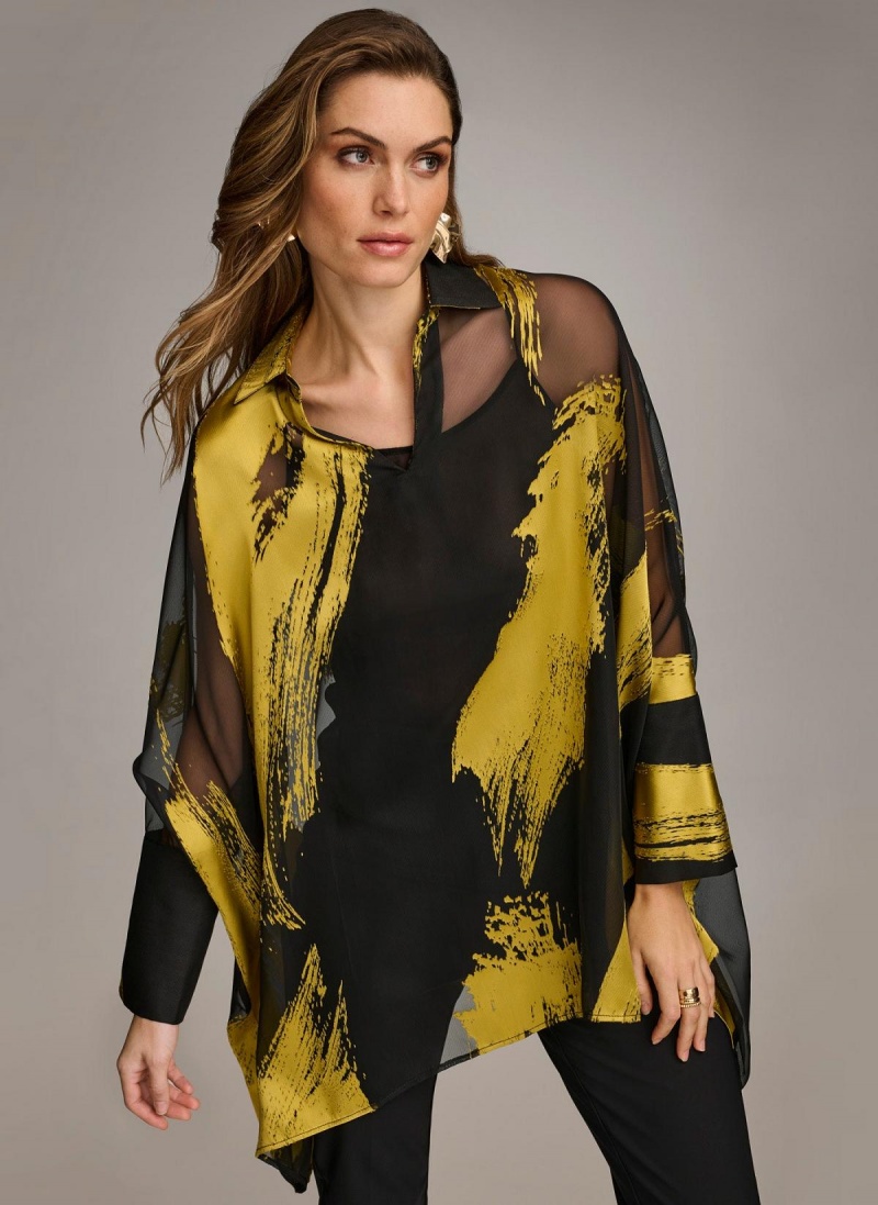 Black Donna Karan Print Collared Tunic Sweaters and Tops | ZA_DK46652