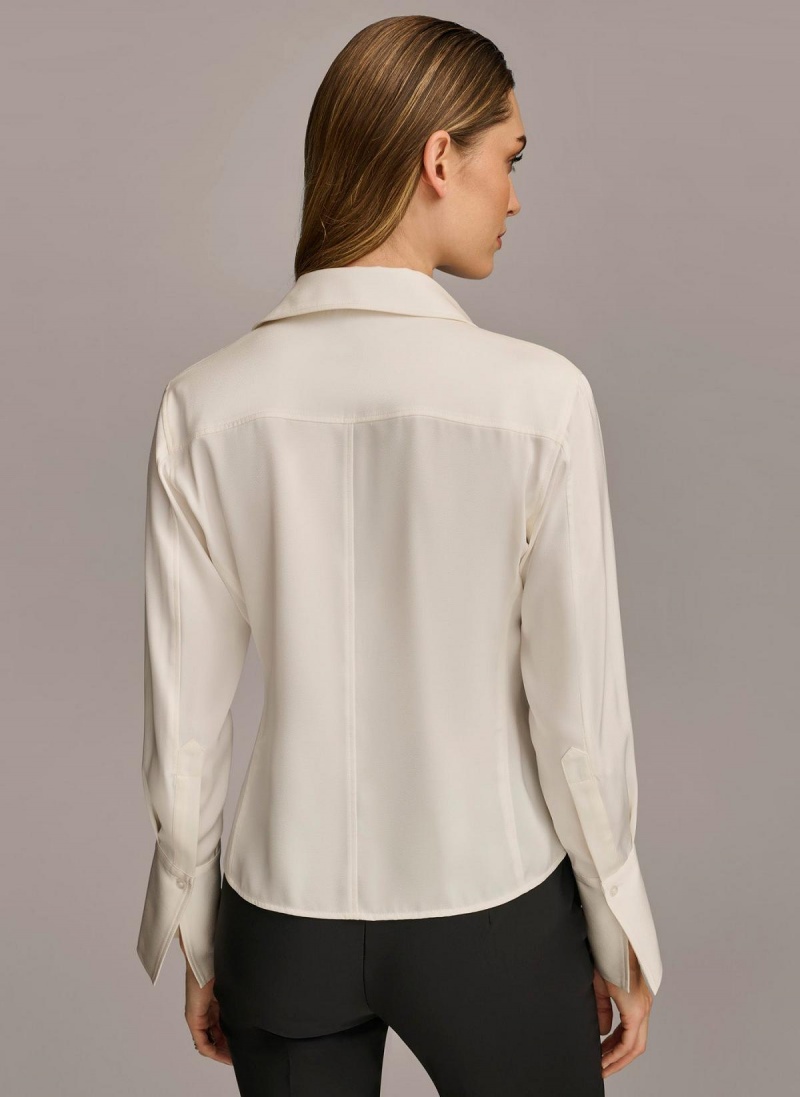 Cream Donna Karan Collared Button Down Blouse Sweaters and Tops | ZA_DK96872