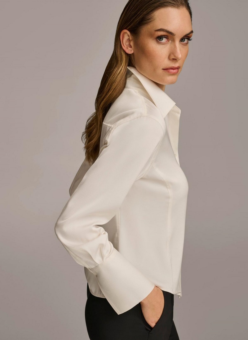 Cream Donna Karan Collared Button Down Blouse Sweaters and Tops | ZA_DK96872