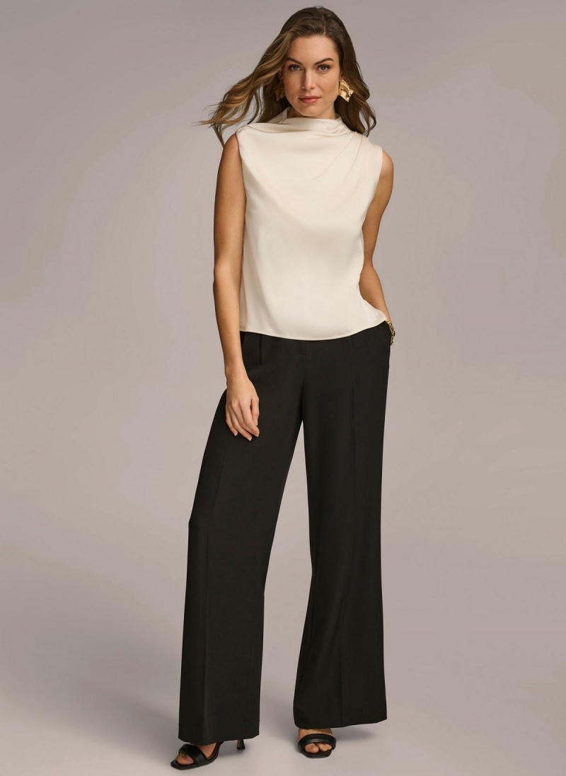 Cream Donna Karan Sleeveless Draped Mockneck Sweaters and Tops | ZA_DK38951