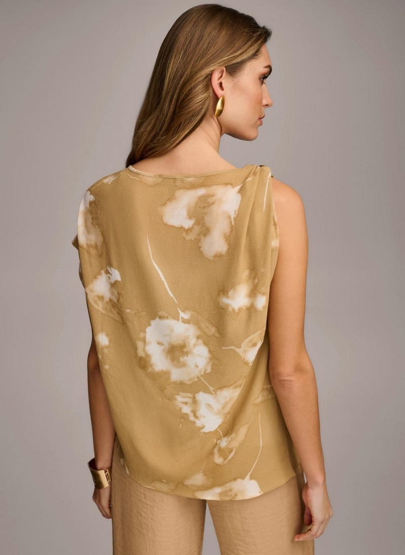 Gold Cream Donna Karan Printed Gathered Hardware Shoulder Sweaters and Tops | ZA_DK15417