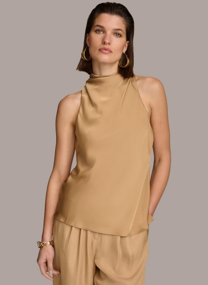 Gold Donna Karan High Drape Neck Sweaters and Tops | ZA_DK46658