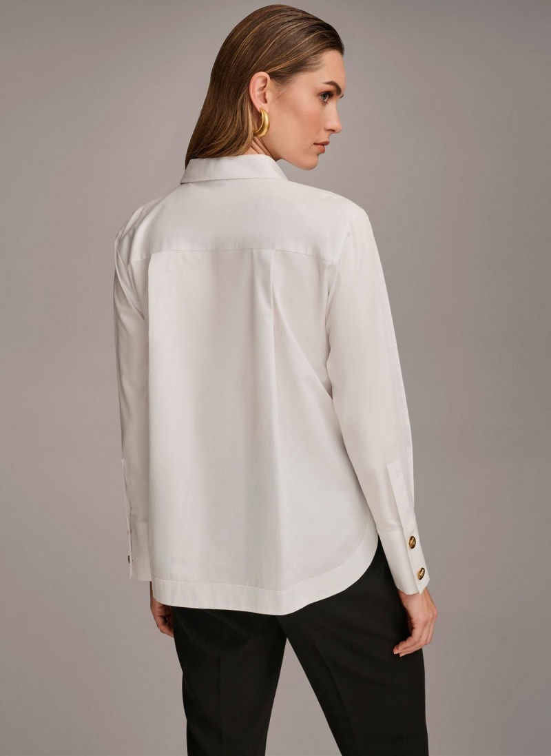 White Donna Karan Cotton Collared Button Down Sweaters and Tops | ZA_DK65831