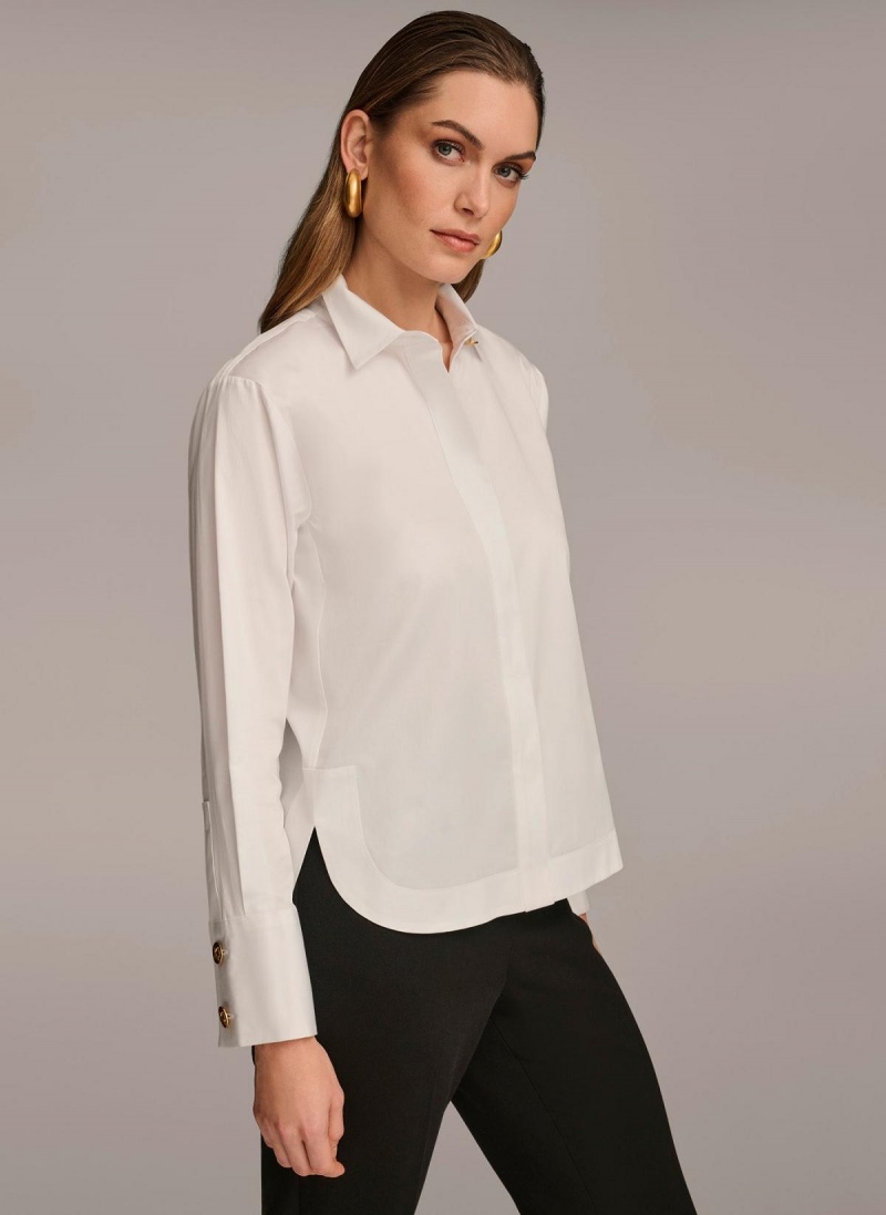 White Donna Karan Cotton Collared Button Down Sweaters and Tops | ZA_DK65831