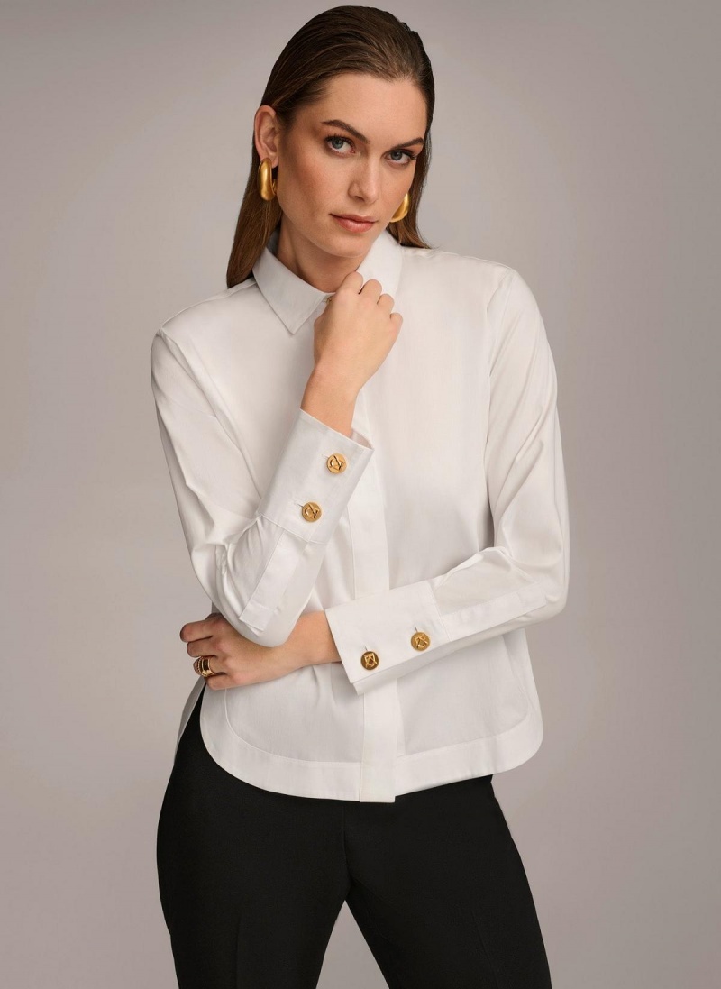 White Donna Karan Cotton Collared Button Down Sweaters and Tops | ZA_DK65831