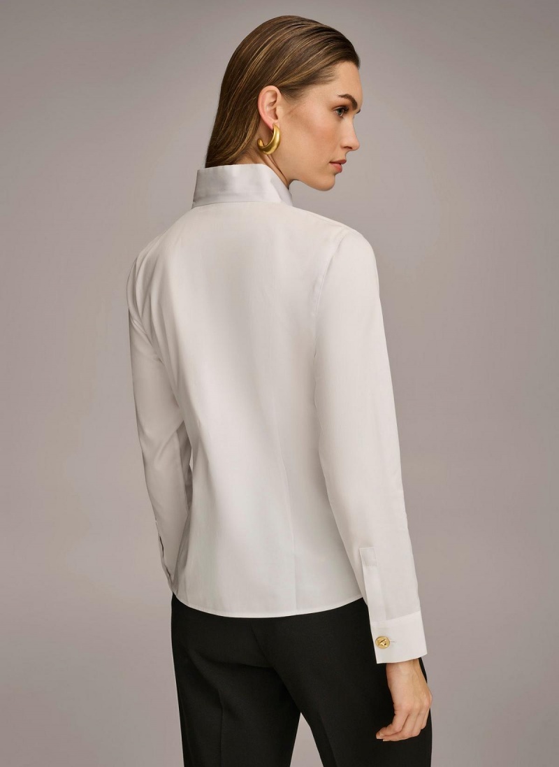 White Donna Karan Cotton Notch Collar Button Down Sweaters and Tops | ZA_DK41946