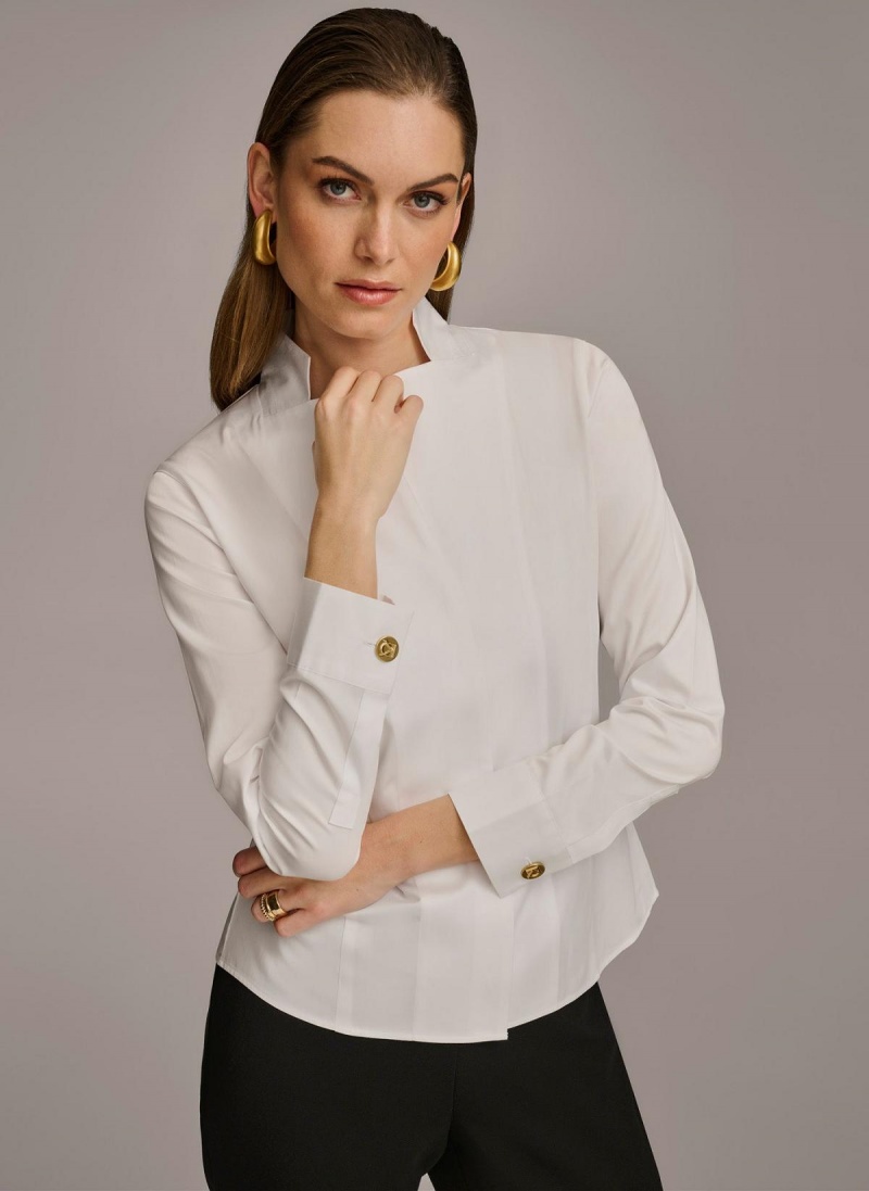 White Donna Karan Cotton Notch Collar Button Down Sweaters and Tops | ZA_DK41946