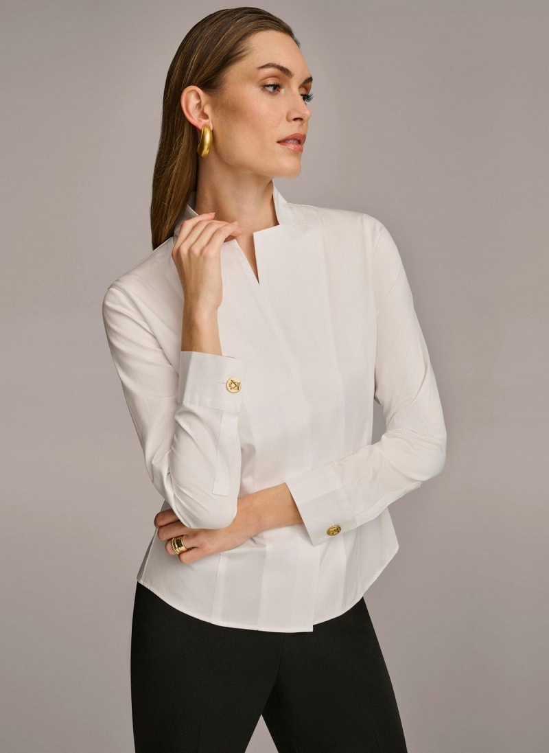 White Donna Karan Cotton Notch Collar Button Down Sweaters and Tops | ZA_DK41946